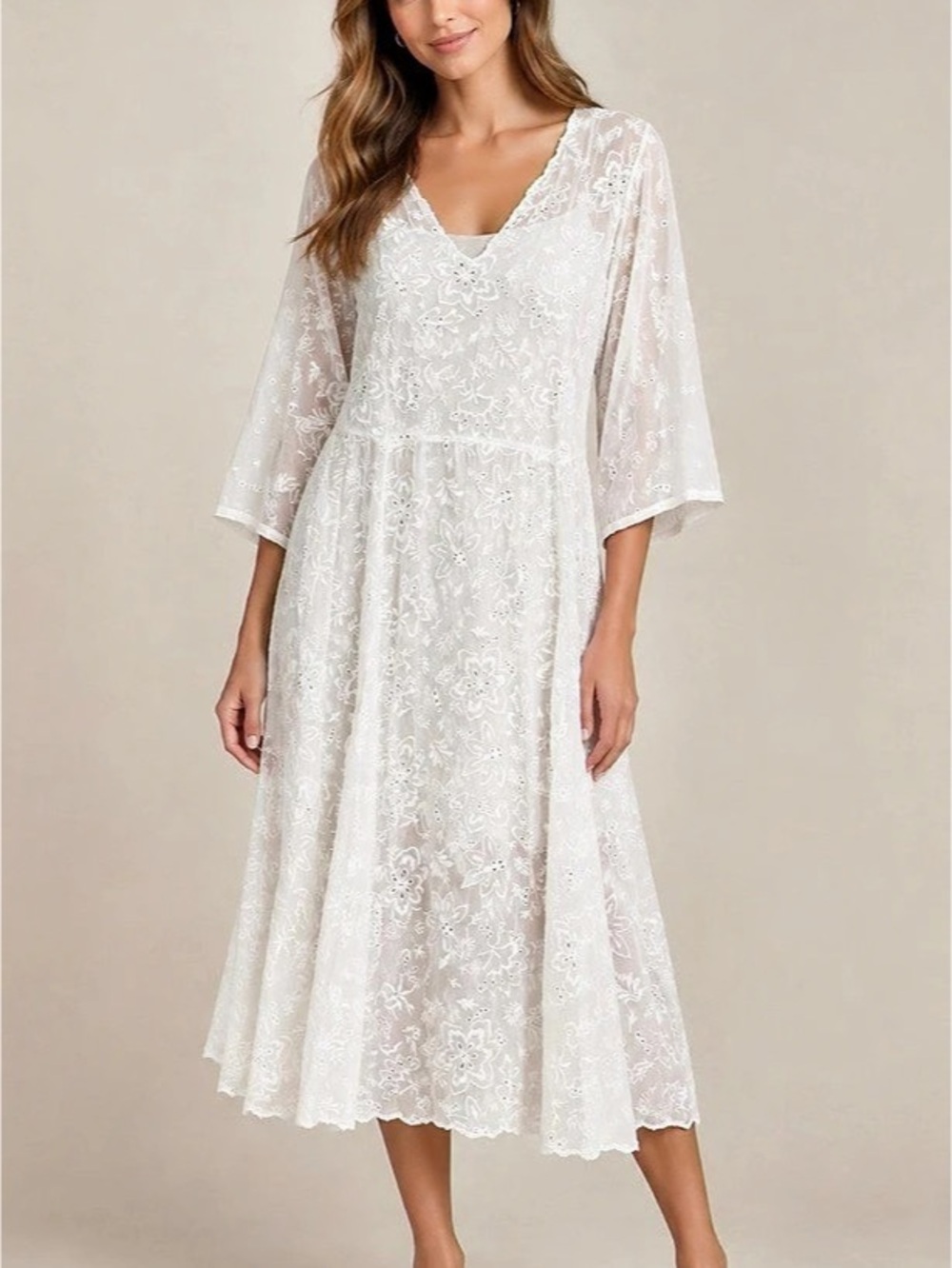 Johnny Was Floral Embroidered Midi Dress in White Like New